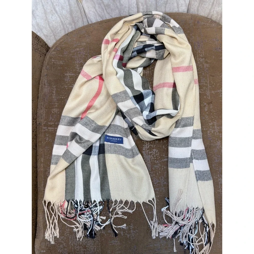 Burberry London Scarf Nova Check Tan Plaid Fringe Trim Unisex Designer Wrap